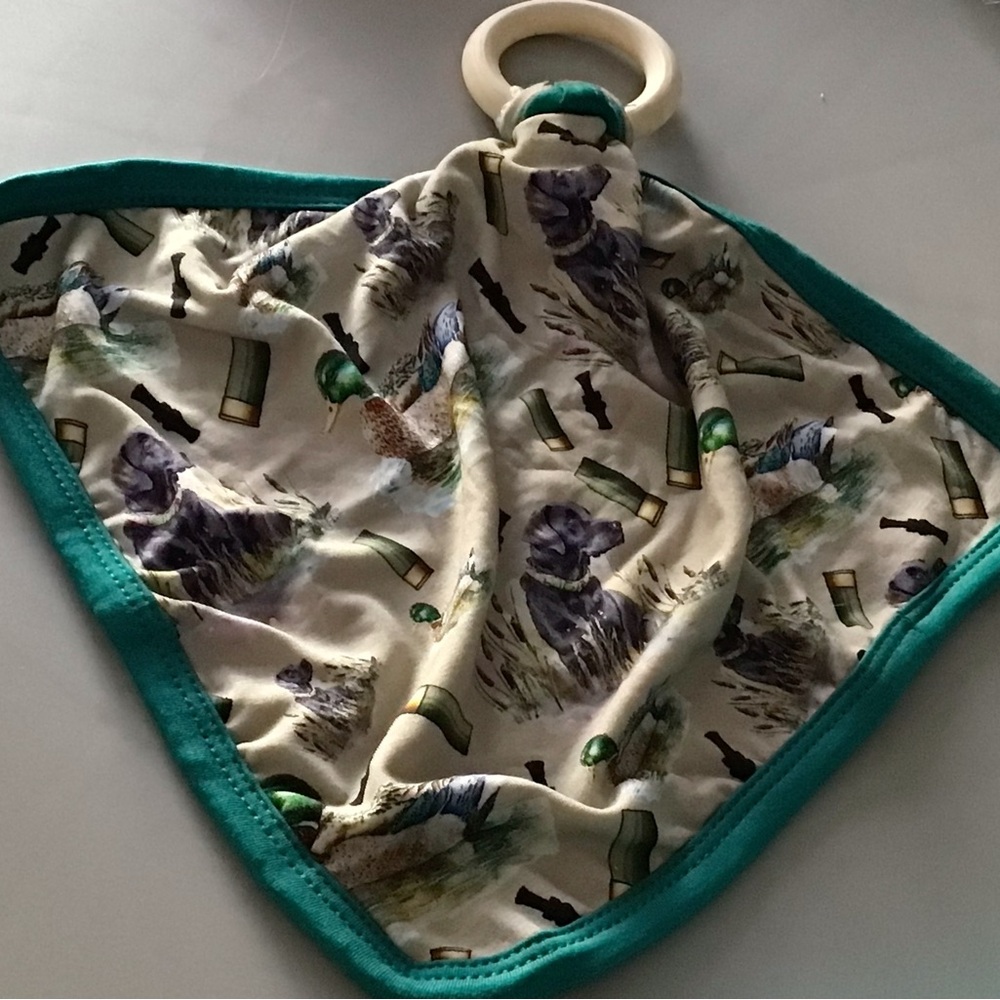 Teal and Beige Animal Print Baby Blanket with Wooden Ring